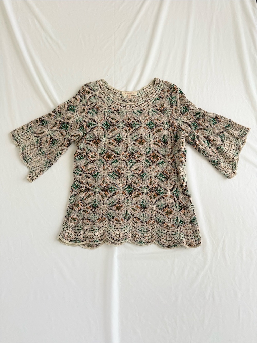 Solitaire Boho Embroidered Scallop Bell Sleeve Top Boho Crochet Knit Cottagecore